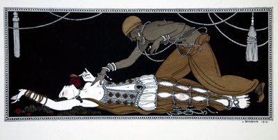 Scheherazade, de la serie "Diseños sobre las danzas de Vaslav Nijinsky" (1889-1950). Georges Barbier (1882-1932), grabado de Pochoir de Georges Barbier