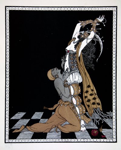 Scheherazade, de la serie "Diseños sobre las danzas de Vaslav Nijinsky" (1889-1950). Georges Barbier (1882-1932), grabado de Pochoir de Georges Barbier