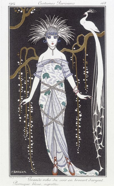 Vestido de noche de brocado plateado y peluca - Ilustración de George Barbier (1882-1932). en "Journal des dames et des modes: Costumes Parisiens" de Georges Barbier