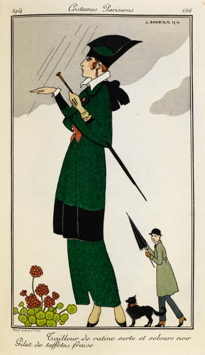 Sudadera de rata verde y terciopelo negro. Gilet de taffetas fraise. Mujer con un traje de seda verde y negra, con un chaleco de seda de paja. Persona con gabardina con un paraguas y un perro al fondo. Trajes parisinos. de Georges Barbier