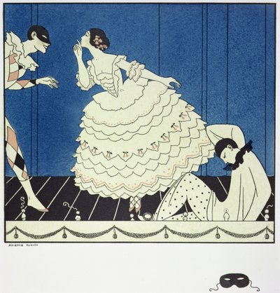 Tamara Karsavina (1885-1978) como Columbine, Vaslav Nijinsky (1890-1950) como Arlequín y Adolph Bolm (1884-1951) como Pierrot en el "Carnaval" de Fokine en 1910, pub. 1914 (impresión en pochoir) de Georges Barbier