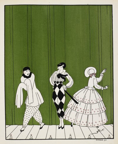 Tres personajes del ballet de 1910, Carnaval, compuesto por Robert Schumann. A la izquierda, un mimo. En el centro hay un hombre, vestido con camisa blanca con corbata negra y pantalón de cuadros, que lleva una máscara. A la derecha, una dama, de espaldas de Georges Barbier