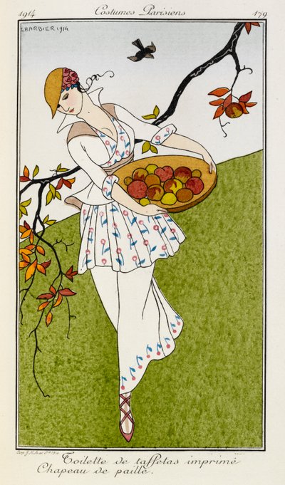 Toilette de taffetas imprime chapeau de paille. Costumes Parisiens nº 179. Mujer con traje de seda estampada y sombrero de paja. Lleva un cuenco de fruta. de Georges Barbier