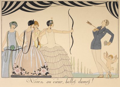 Apunten al corazón, bellas damas. Apunten al corazón, señoras. Una mujer dispara a un hombre en el corazón con una flecha. de Georges Barbier