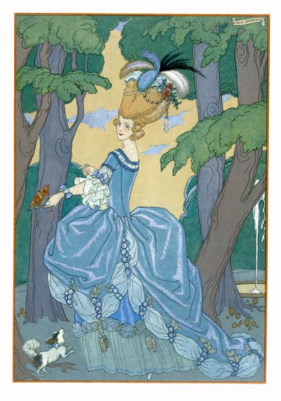Paseo por el bosque, ilustración para "Fetes Galantes" de Paul Verlaine (1844-96) 1928 (impresión en pochoir) de Georges Barbier