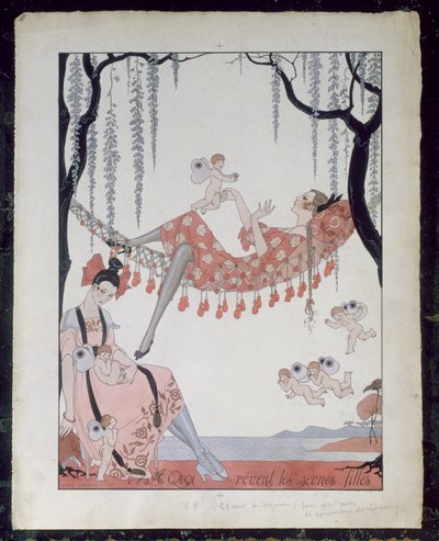¿Con qué sueñan las jóvenes? 1918 (pluma, tinta y acuarela sobre papel) de Georges Barbier