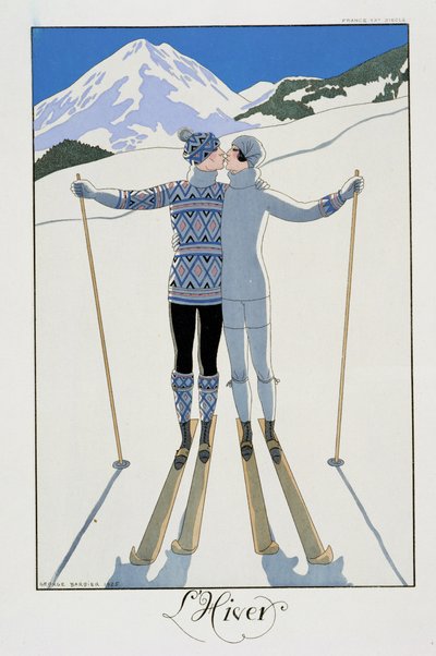 Invierno: Amantes en la nieve, placa de moda de "La Francia del siglo XX". de Georges Barbier