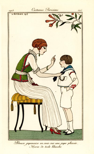 Mujer con blusa de seda japonesa y falda larga plisada de Georges Barbier