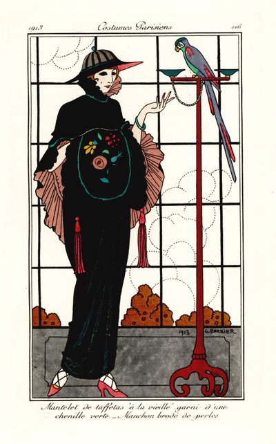 Mujer con capa de tafetán antiguo con un loro de Georges Barbier