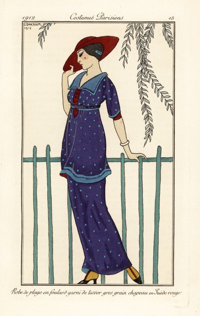 Mujer con vestido de playa de foulard decorado con grandes lunares, sombrero de ante rojo. Robe de plage en foulard garni de tussor gros grain, chapeau en suede rouge. Grabado pochoir (stencil) coloreado a mano según una ilustración de George Barbier de la de Georges Barbier