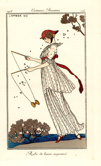 Mujer con vestido de lino estampado jugando al diábolo de Georges Barbier
