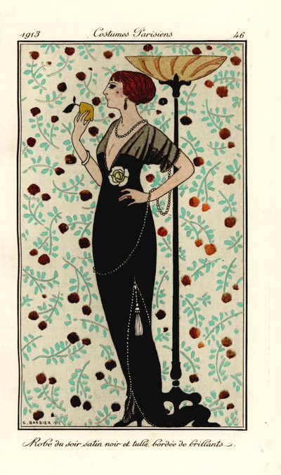 Mujer con vestido de noche de raso negro y tul, bordeado de brillantes. Robe de soir satin noir et tulle, bordee de brillants. Grabado pochoir (stencil) coloreado a mano según una ilustración de George Barbier del Journal des Dames et des Mo de Georges Barbier
