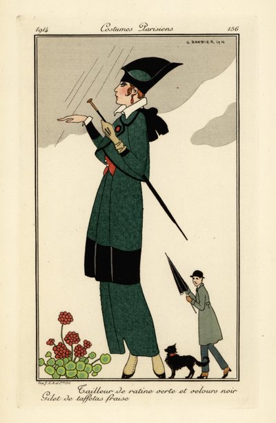 Mujer con ratín verde y traje de terciopelo negro. de Georges Barbier