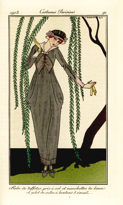 Mujer con vestido de tafetán gris con cuello y puños de lino, y chaleco de raso con botones de esmalte, bajo un sauce. Robe de taffetas gris a col et manchettes de linon, et gilet de satin a boutons d