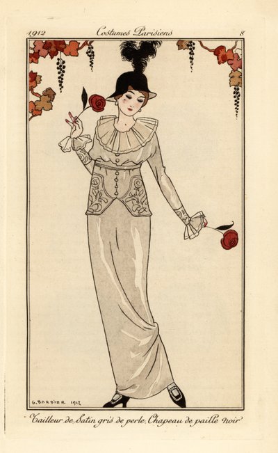 Mujer con traje gris perla y sombrero de paja negro. Tailleur de satin gris de perle, chapeau de paille noir. Grabado pochoir (stencil) coloreado a mano según una ilustración de George Barbier del Journal des Dames et des Modes, Aux Bureaux du Jo de Tommas de Georges Barbier