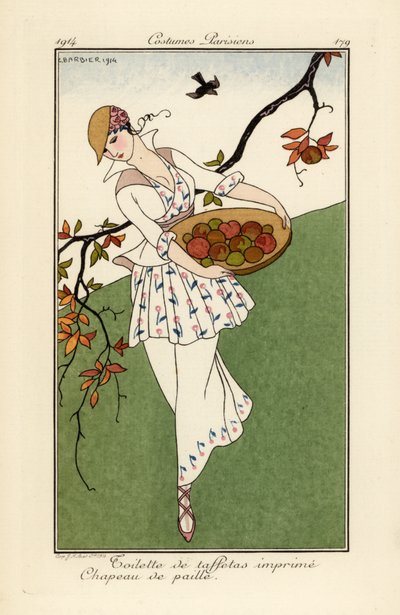 Mujer con sombrero de paja y vestido de tafetán estampado. de Georges Barbier