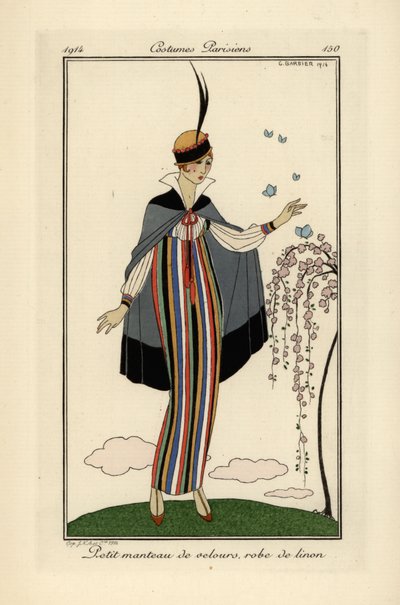 Mujer con vestido de lino a rayas y abrigo corto de terciopelo. de Georges Barbier