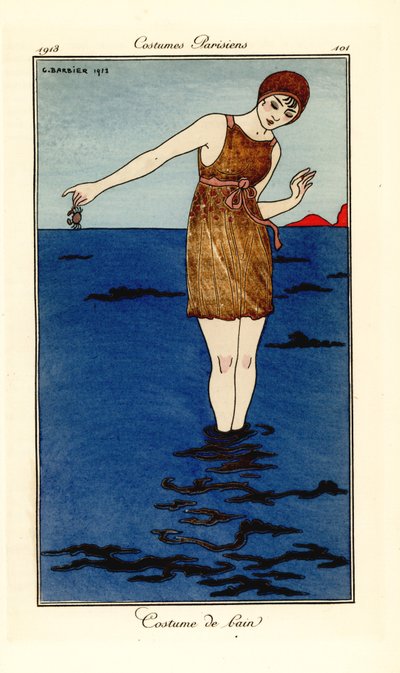 Mujer en traje de baño hasta los tobillos en el mar en una playa sosteniendo un cangrejo. Traje de baño. Grabado pochoir (stencil) coloreado a mano según una ilustración de George Barbier del Journal des Dames et des Modes de Tommaso Antongini, Aux Bureaux de Georges Barbier
