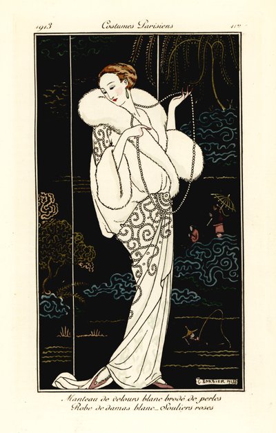 Mujer con capa de terciopelo, vestido de damasco y zapatillas rosas. de Georges Barbier