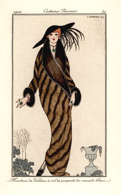 Mujer con abrigo de zibelina con cuello y puños de piel de zorro blanco. Manteau de Zibeline a col et poignets de renard blanc. Grabado pochoir (stencil) coloreado a mano según una ilustración de George Barbier del Journal des Dames et des Modes de Tommaso de Georges Barbier