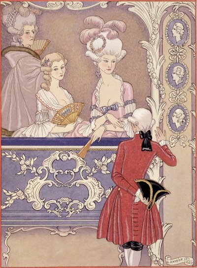 Mujeres en un palco de teatro, ilustración de "Les Liaisons Dangereuses" de Pierre Choderlos de Laclos (1741-1803) publicada en los años 20 (impresión en pochoir) de Georges Barbier