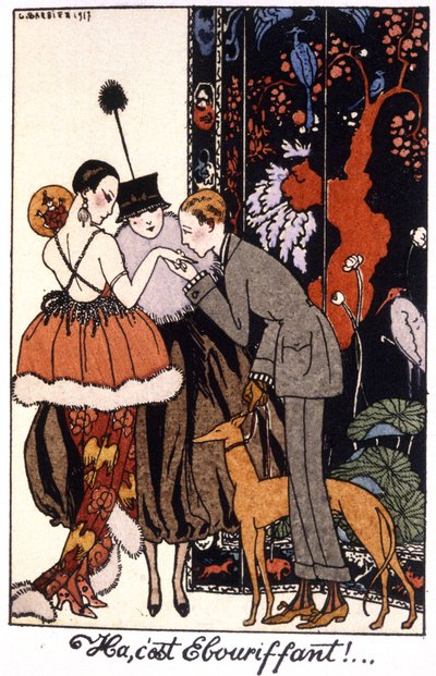 besamanos , elegancia noche en París, grabado 1917 de Georges Barbier