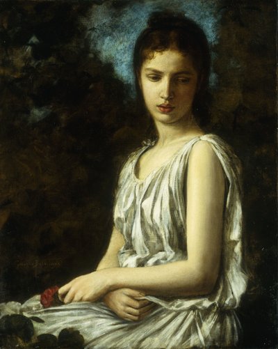 Una joven en vestido clásico, sosteniendo una rosa roja de Georges Bellanger