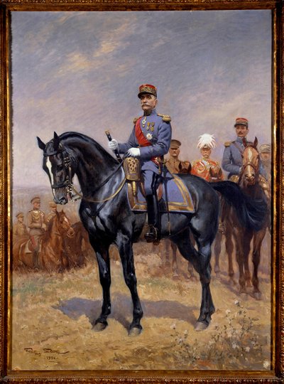 Primera Guerra Mundial: “Retrato ecuestre de Ferdinand Foch (1851-1929) mariscal de Francia” Detrás de él, Douglas Haig, Armando Diaz y Maxime Weygang. Pintura de Georges Bertin Scott (1873-1942) conocido como Scott de Plagnolles 1930. París, Museo del Ejé de Georges Bertin Scott
