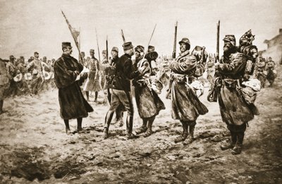 Honrando a los valientes en la línea de fuego: un general francés dando la distinción a hombres condecorados con la medalla militar, de 