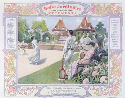 Tenis en el césped, ilustración para agosto de un calendario para la tienda de ropa 