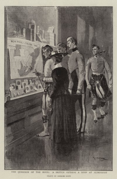 La cuestión de la hora, un boceto fuera de una tienda en Aldershot de Georges Bertin Scott