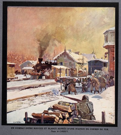 Lucha entre la Guardia Roja y la Guardia Blanca en una estación de ferrocarril, de Histoire des Soviets, pub. 1922 (litografía en color) de Georges Carrey