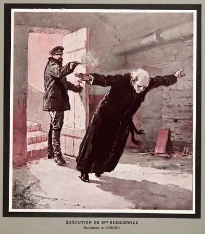 Ejecución de Monseñor Budkiewicz por la OGPU, de Histoire des Soviets, pub. 1922 (litografía en color) de Georges Carrey