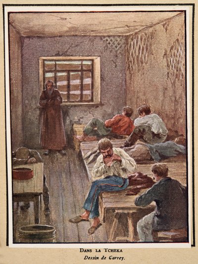 En la Cheka; de Histoire des Soviets, pub. 1922 (litografía en color) de Georges Carrey