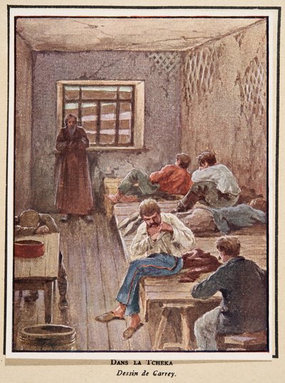 En la Cheka; de Histoire des Soviets, pub. 1922 (litografía en color) de Georges Carrey