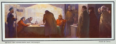 Interior de la cámara acorazada de un banco durante la Revolución, de Histoire des Soviets, pub. 1922 (litografía en color) de Georges Carrey
