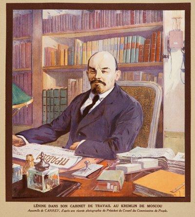 Lenin en su despacho del Kremlin de Moscú, de Histoire des Soviets, pub. 1922 (litografía en color) de Georges Carrey