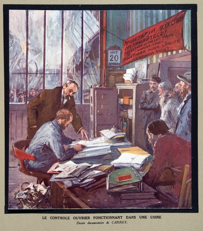 Control obrero en una fábrica soviética en la época de la Revolución de 1917, de Histoire des Soviets, pub. 1922 (litografía en color) de Georges Carrey