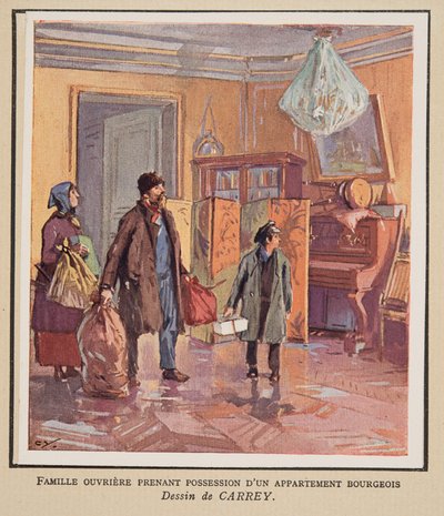 Familia obrera tomando posesión de un apartamento burgués, de Histoire des Soviets, pub. 1922 (litografía en color) de Georges Carrey