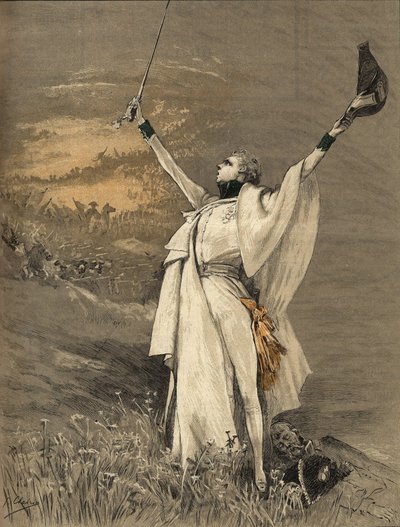 La actriz Henriette Rosine Bernard llamada Sarah Bernhardt (1844-1923) en el papel del Duque de Reichstadt (hijo del Emperador Napoleón I (1769-1821) - “el Aiglon”, Grabado por Georges Jules Victor Clairin (1843 - 1919) de 1900. de Georges Clairin