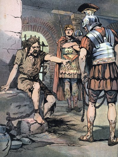 Guerra de las Galias: "El guerrero galo Vercingetórix prisionero en las armas romanas de Julio César en los calabozos de Tullianum, 46 a.C." (Guerra de las Galias: Vercingetórix prisionero en la Cárcel Mamertina de Roma tras su derrota contra Julio César,  de Georges Conrad