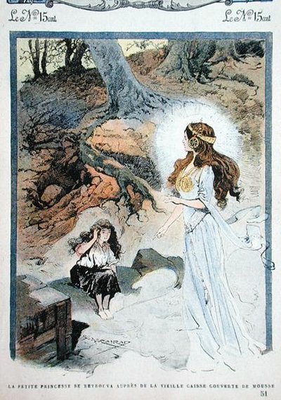 La princesita se encuentra ante el viejo ataúd, ilustración de un cuento infantil de la revista 