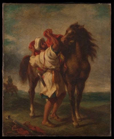 Árabe ensillando su caballo de Georges Décote