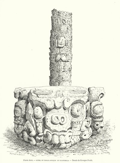 Altar de piedra tallada maya e ídolo de Guatemala (grabado) de Georges Ernest Profit