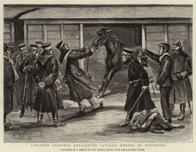 Soldados japoneses descargando caballos de caballería en Hiroshima de Georges Ferdinand Bigot