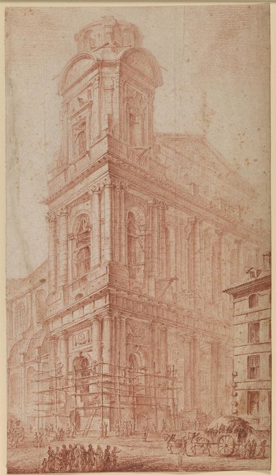 La fachada de S. Sulpice casi terminada - a la derecha, un carro frente a una casa que ya no existe; en primer plano, espectadores de Georges François Blondel