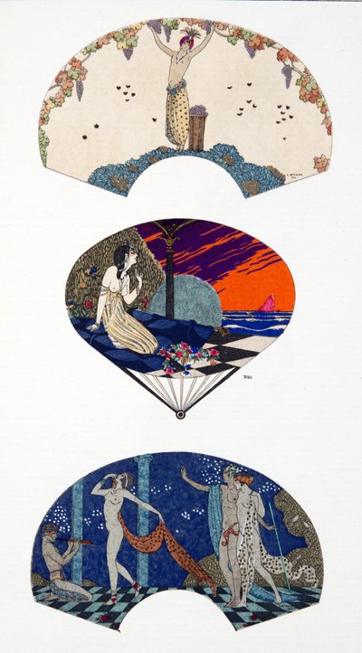 Abanicos de Paquin, según G. Barbier y Paul Iribe. Lámina 42, de Costumes Parisiens publicada en Journal des Dames et des Modes de Georges and Iribe Paul Barbier