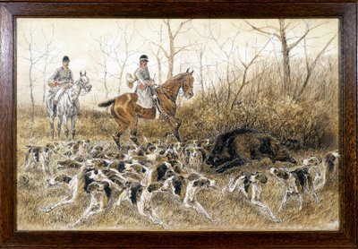 Manada de perros alrededor de un jabalí en una cacería - dibujo de Georges La Roque, hacia 1900 de Georges La Roque