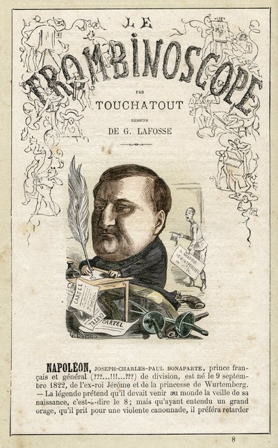 Napoleón Jerónimo (Napoleon-Jerome) Bonaparte . ilustración de "Le Trombinoscope", revista satírica política de Leon-Charles Bienvenu, conocido como Touchatout (1835-1910) monografía N. 8, París de Georges Lafosse