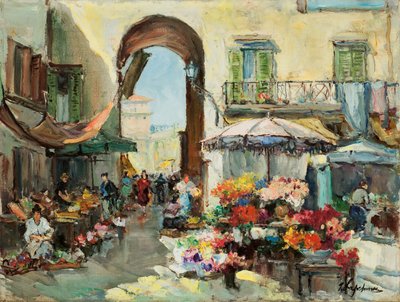 Un mercado de flores en Niza (óleo sobre lienzo) de Georges Lapchine
